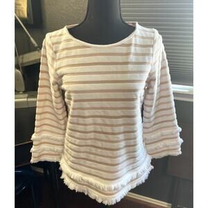 Club Monaco Women's Tan Striped Sweater with small fringe size M